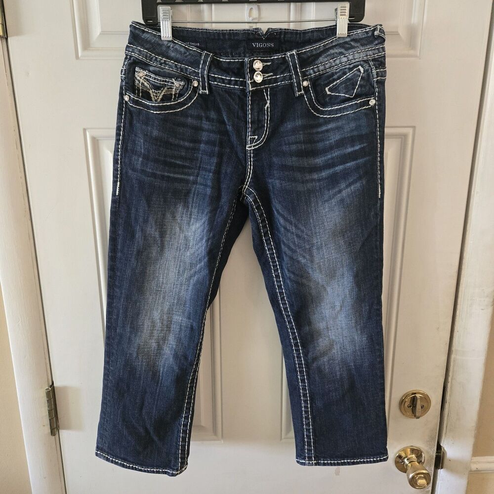 Vigoss Dallas Capri Jeans Womens 9/10 Embellished Rhinestone Flap Pocket Bling